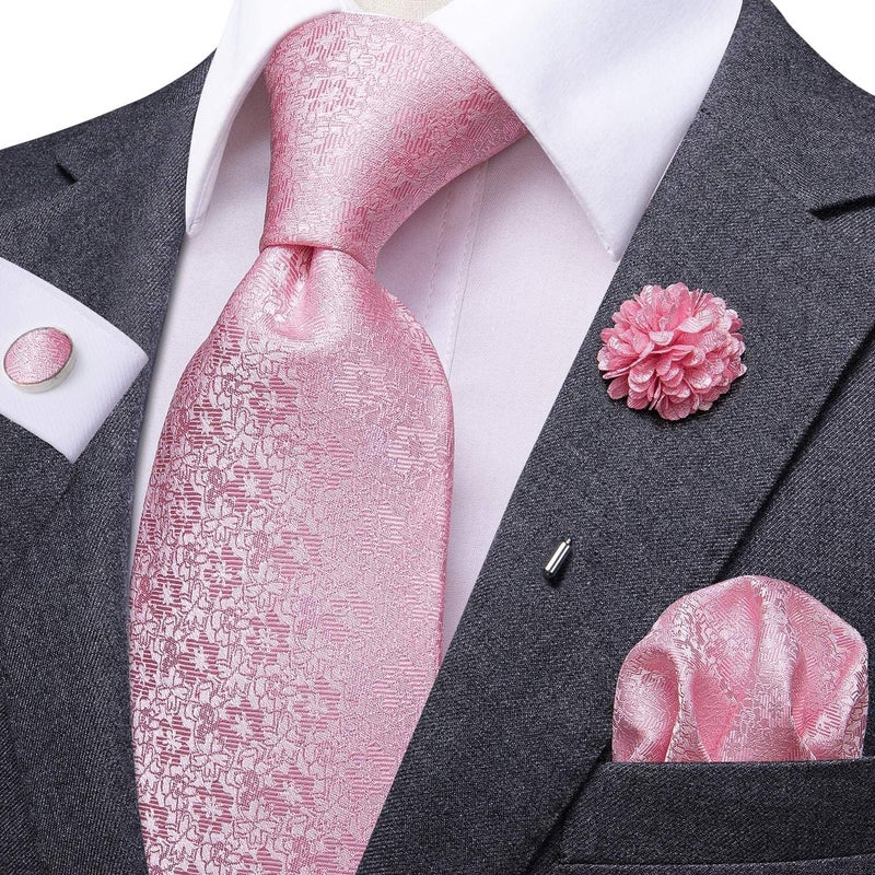 Dubulle Mens Pink Tie and Lapel Pin Paisley Striped Floral Necktie for Men Pocket Square Cufflinks Wedding Party - Image 5